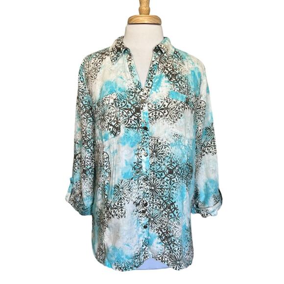 JM Collection Women's 14 100% Linen Clouds Aqua Gray Button Down Blouse Top - Picture 1 of 6